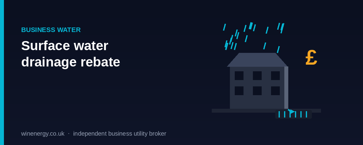 Illustration of rainwater draining from a building roof to a public drain, with a pound symbol for a rebate